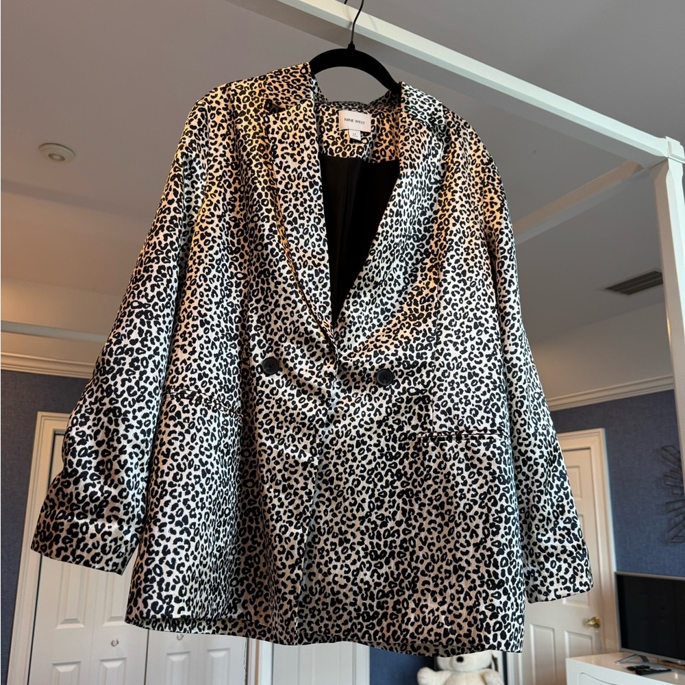 Nine West Leopard Jaguar Animal Print Women’s Satin Blazer Jacket Lined Medium